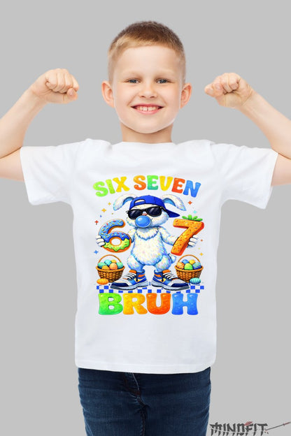 Tricou Six Seven Bruh - Model Rabbit Street baiat alb