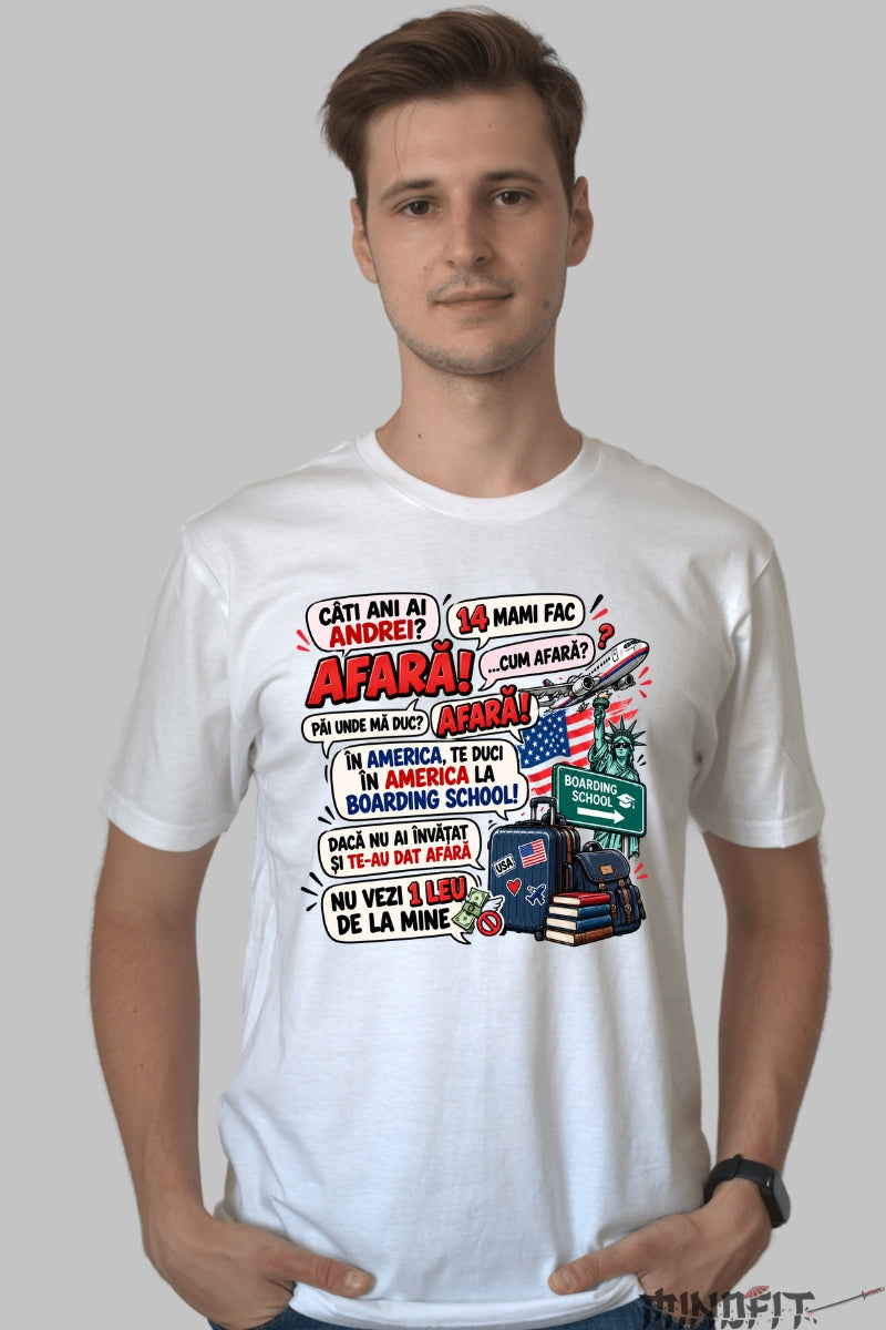 Tricou unisex Afara Te Duci In America barbat alb