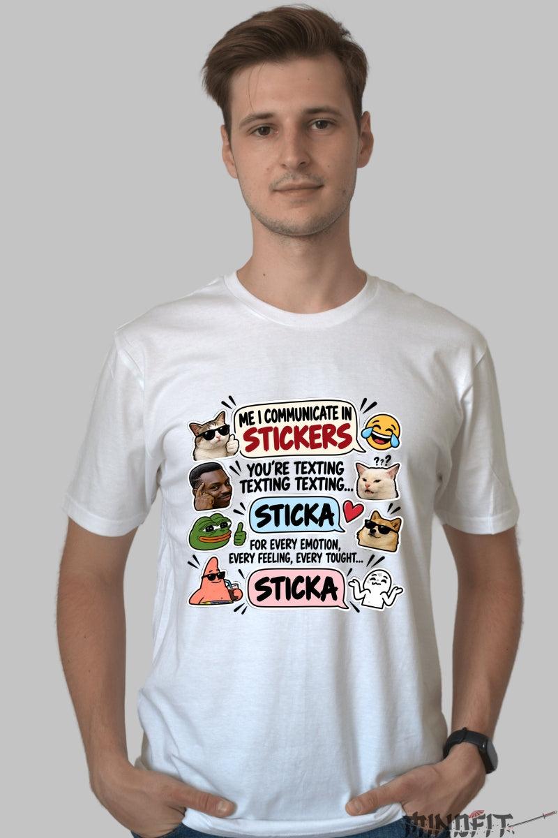 Tricou unisex Eu Comunic Prin Stickere barbat alb