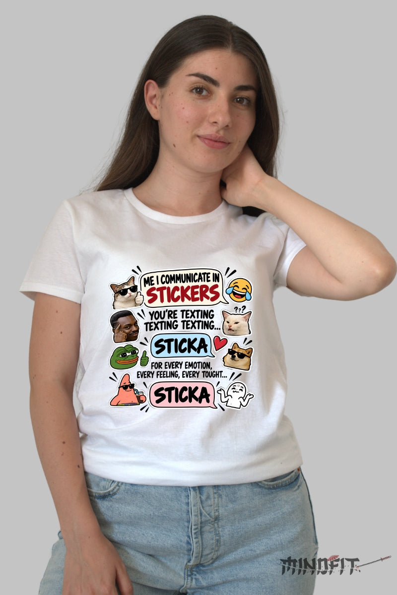 Tricou unisex Eu Comunic Prin Stickere dama alb