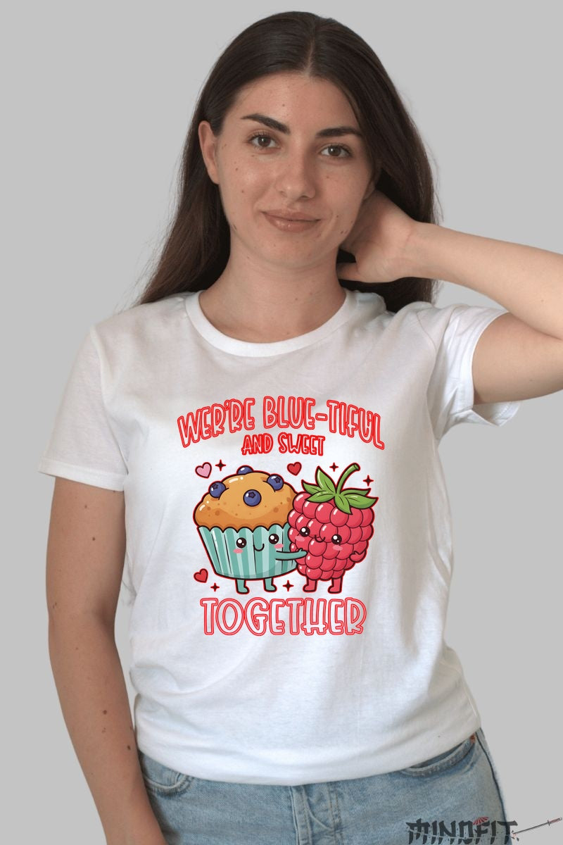 Tricou Valentine's Day Cuplu - Blue-tiful si Dulce Impreuna dama alb