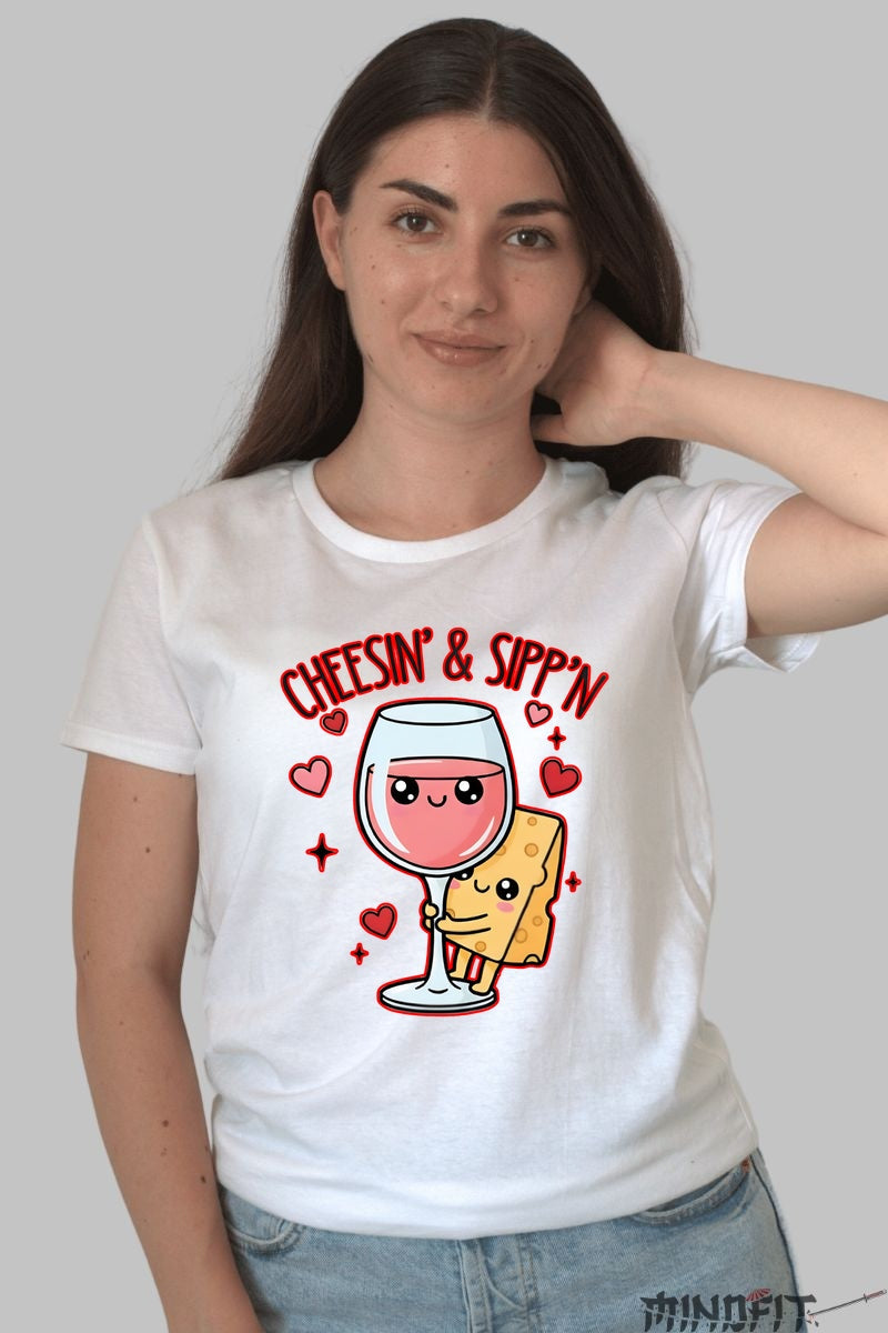 Tricou Valentine's Day Cuplu - Cheddar si Ros? Dragoste la Pahar dama alb
