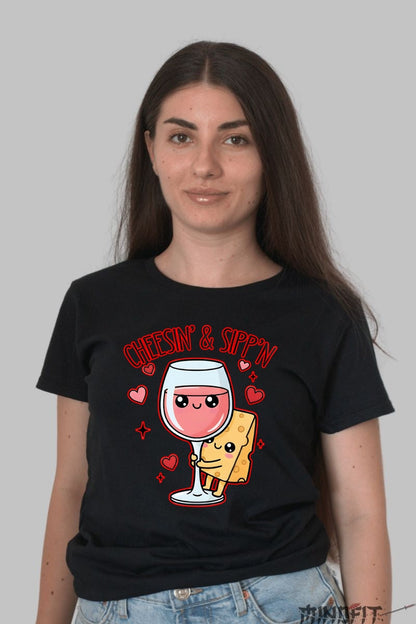 Tricou Valentine's Day Cuplu - Cheddar si Ros? Dragoste la Pahar dama negru