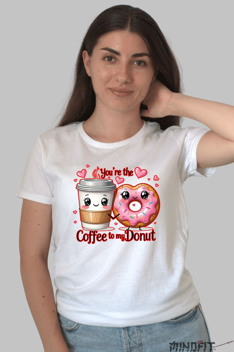 Tricou Valentine's Day Cuplu - Coffee To My Donut dama alb