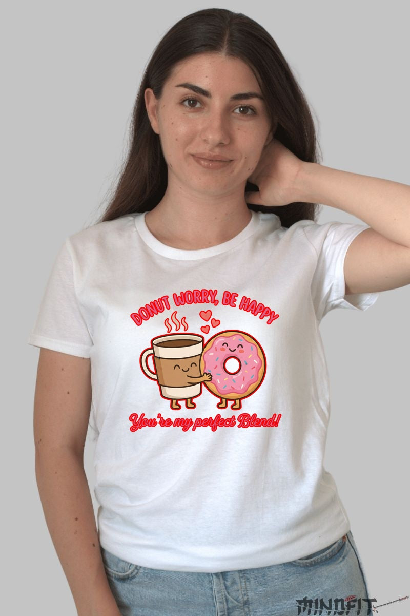 Tricou Valentine's Day Cuplu - Donut Worry, Be Happy dama alb