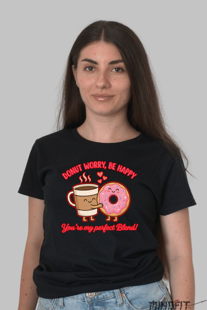 Tricou Valentine's Day Cuplu - Donut Worry, Be Happy dama negru