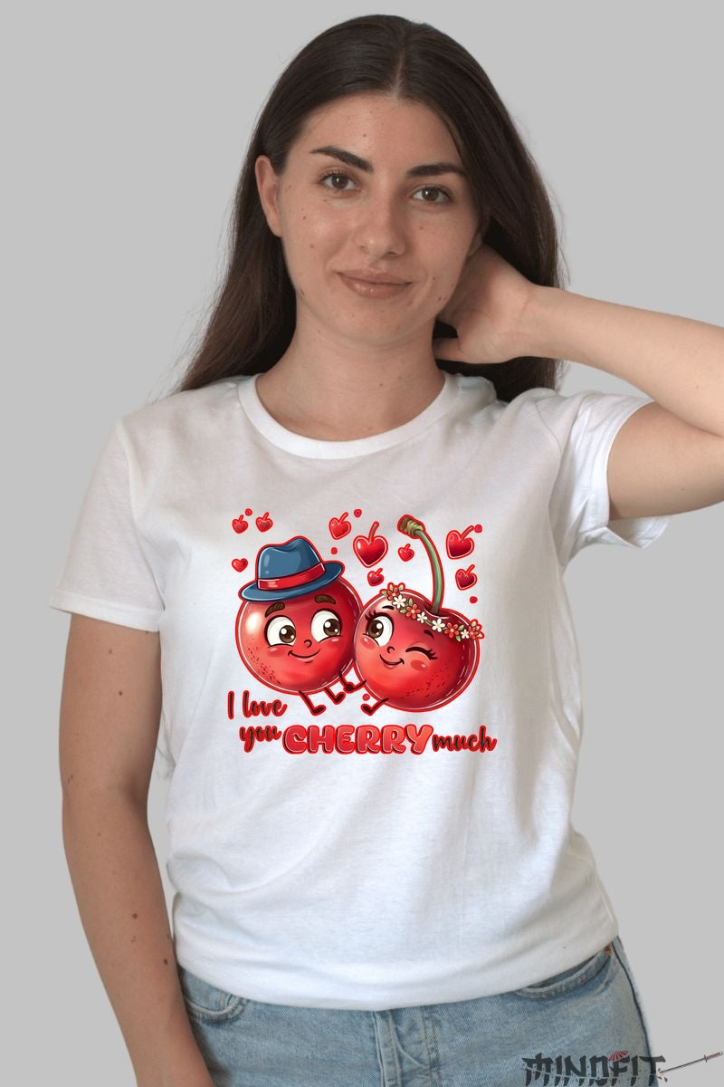 Tricou Valentine's Day Cuplu - I Love You Cherry Much dama alb