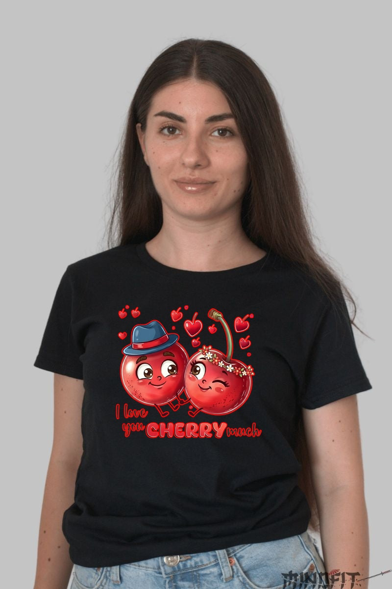 Tricou Valentine's Day Cuplu - I Love You Cherry Much dama negru