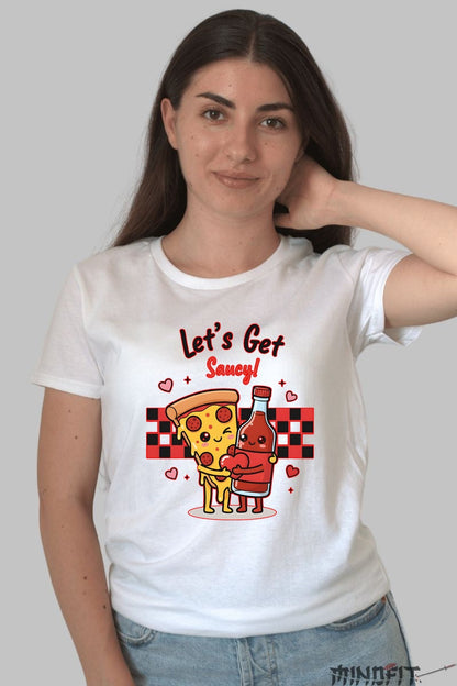 Tricou Valentine's Day Cuplu - Let-s Get Saucy dama alb