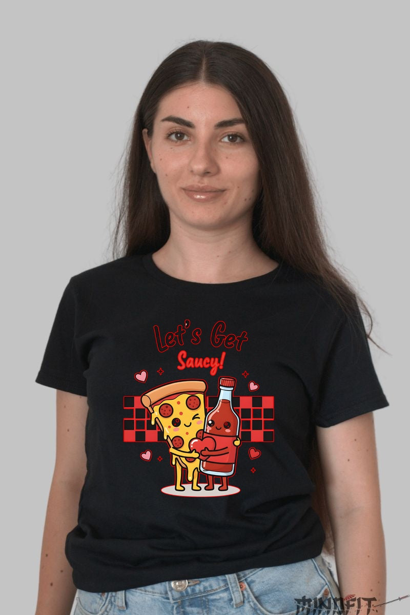 Tricou Valentine's Day Cuplu - Let-s Get Saucy dama negru