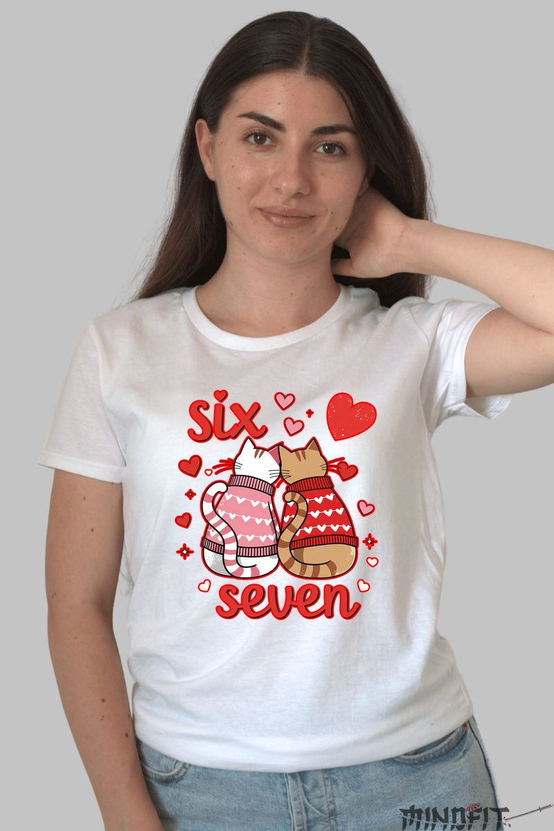 Tricou Valentine's Day Cuplu - Six & Seven Pisicute Indragostite dama alb