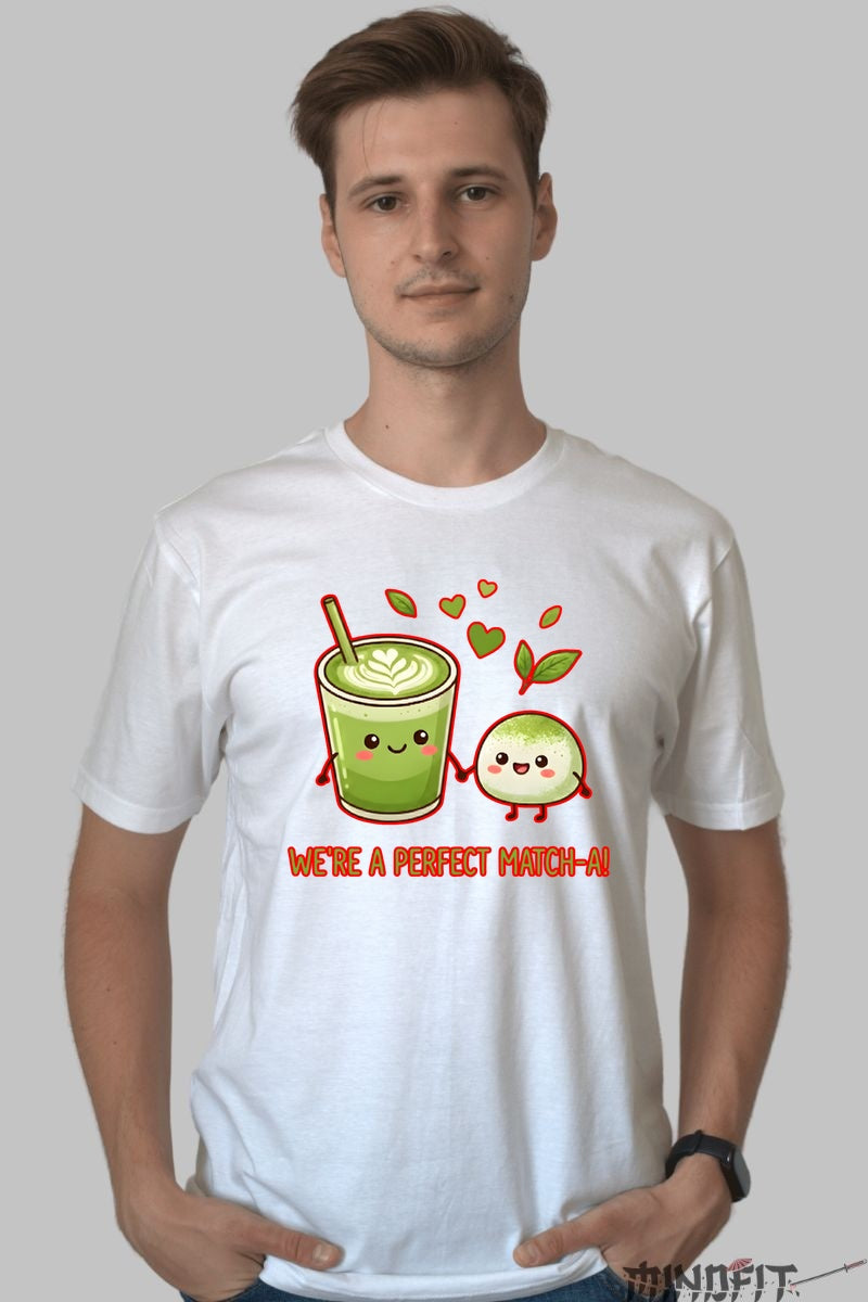 Tricou Valentine's Day Cuplu - We're a Perfect Matcha! barbat alb