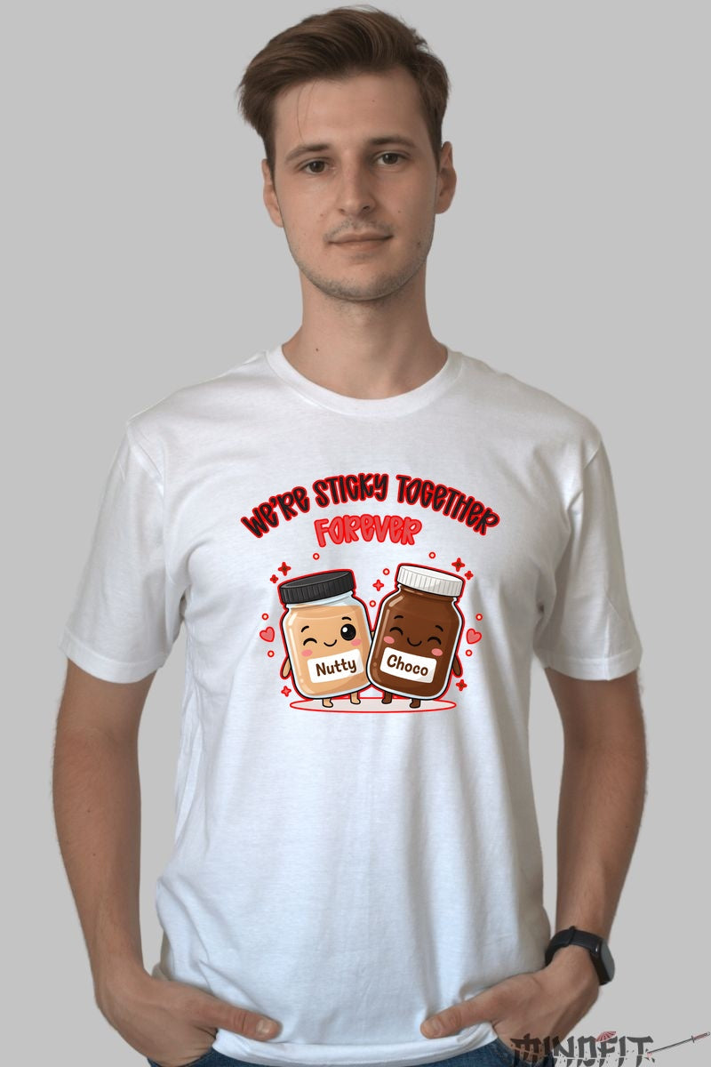 Tricou Valentine's Day Cuplu - We're Sticky Together Forever barbat alb