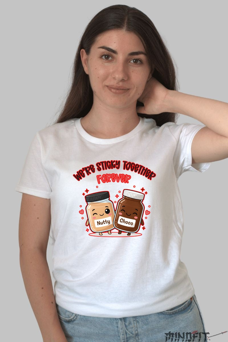 Tricou Valentine's Day Cuplu - We're Sticky Together Forever dama alb