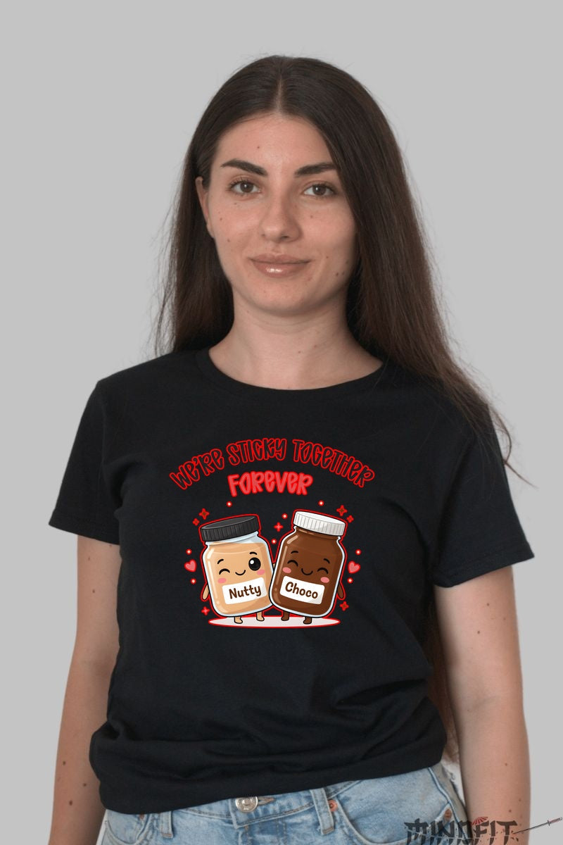Tricou Valentine's Day Cuplu - We're Sticky Together Forever dama negru