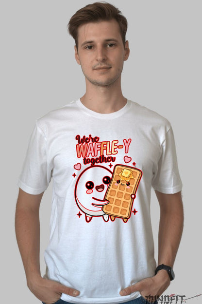 Tricou Valentine's Day Cuplu - We're Waffle-y Together barbat alb