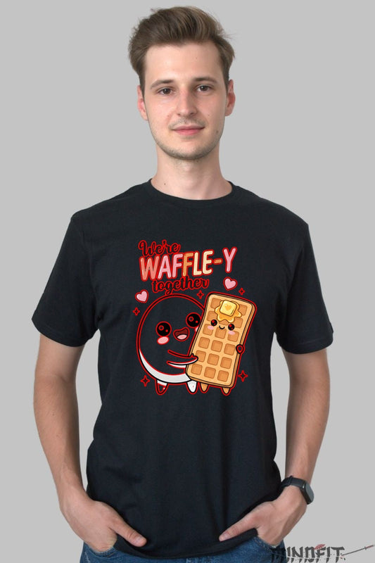 Tricou Valentine's Day Cuplu - We're Waffle-y Together barbat negru