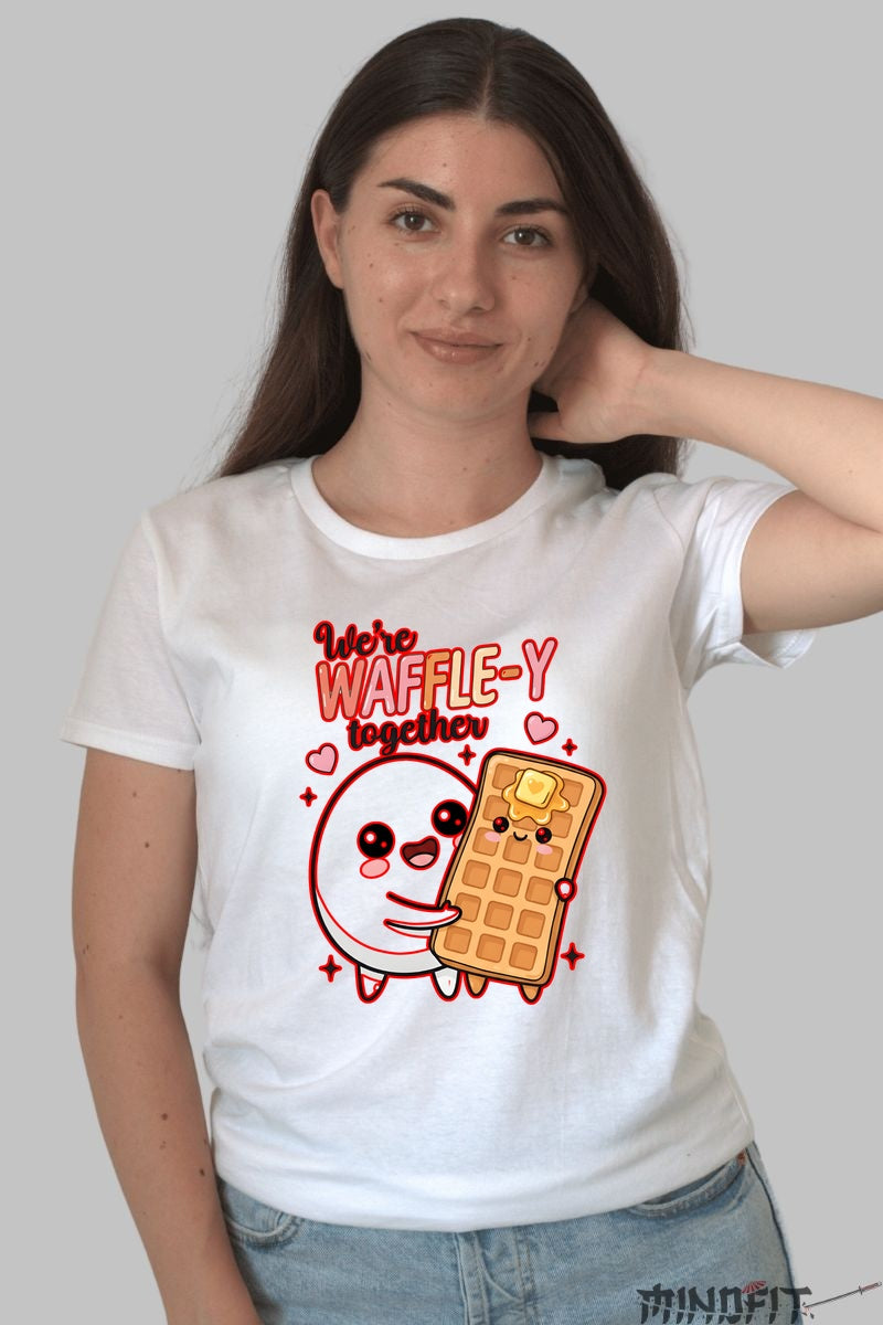 Tricou Valentine's Day Cuplu - We're Waffle-y Together dama alb