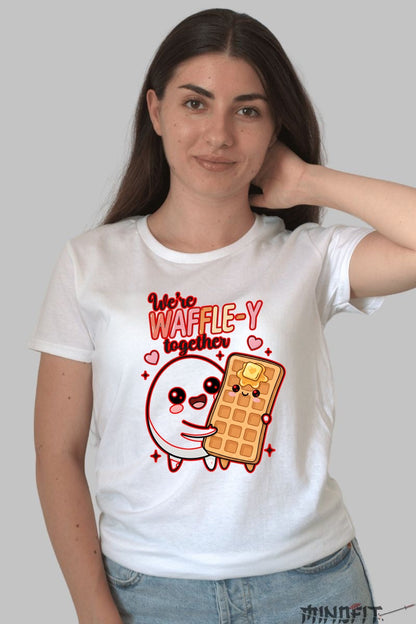 Tricou Valentine's Day Cuplu - We're Waffle-y Together dama alb