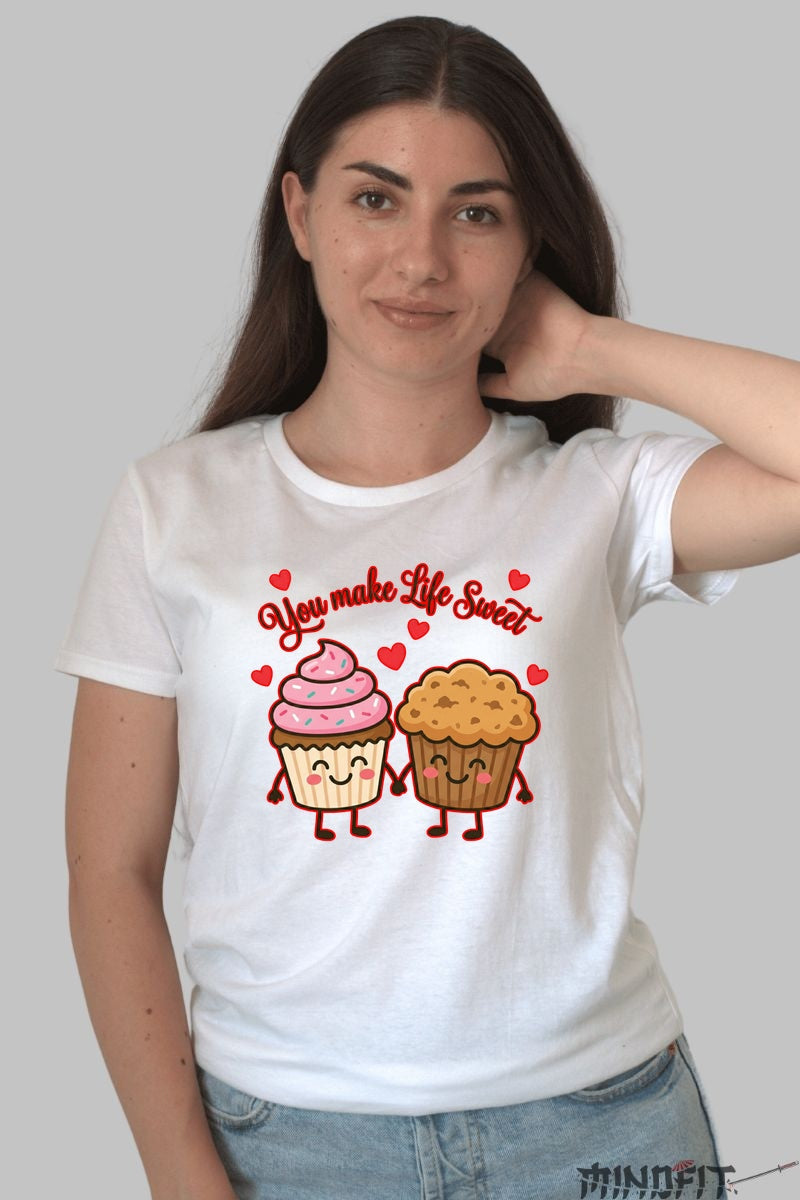 Tricou Valentine's Day Cuplu - You Make Life Sweet dama alb