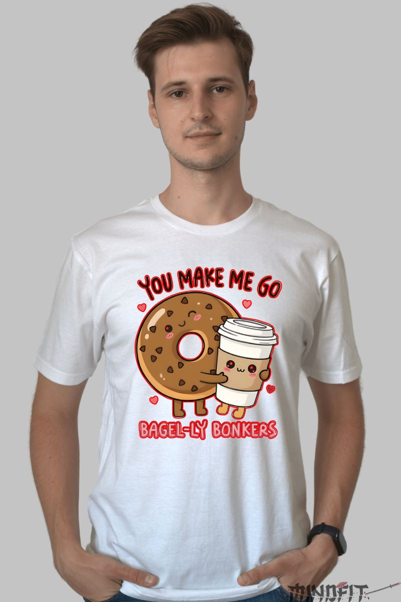 Tricou Valentine's Day Cuplu - You Make Me Go Bagel-ly Bonkers barbat alb