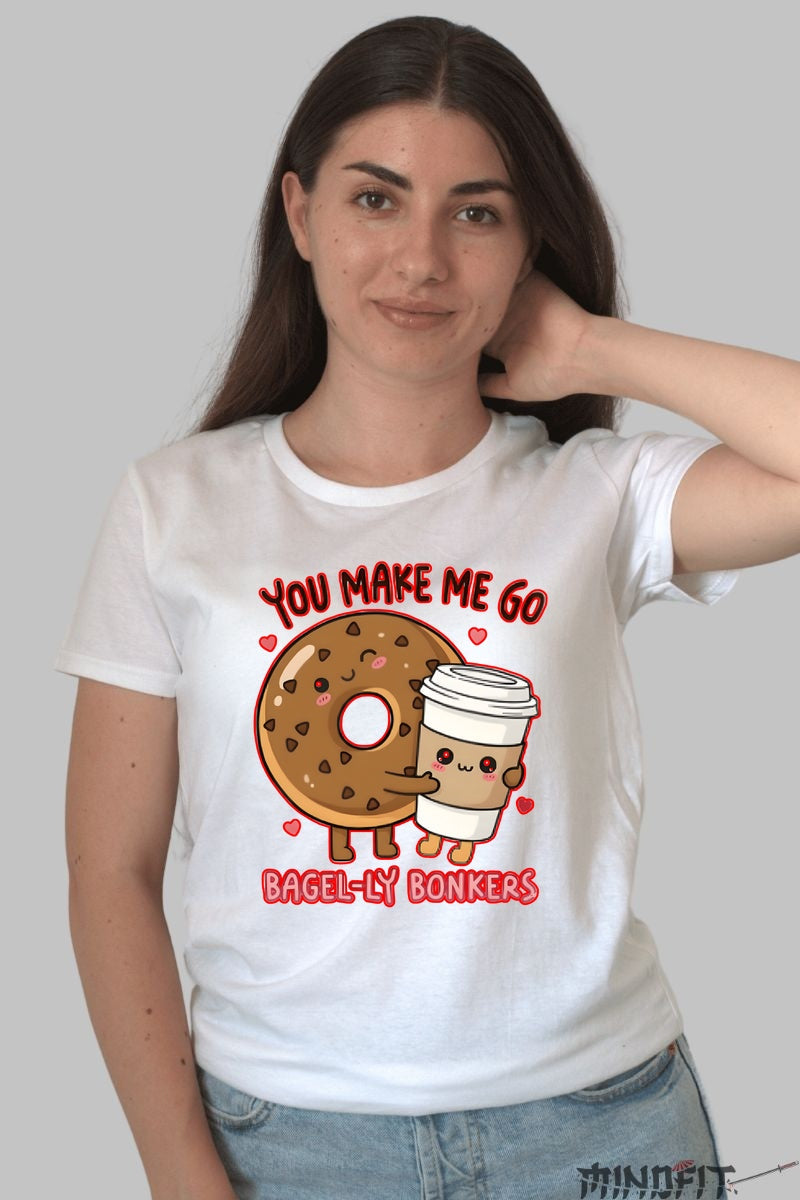 Tricou Valentine's Day Cuplu - You Make Me Go Bagel-ly Bonkers dama alb