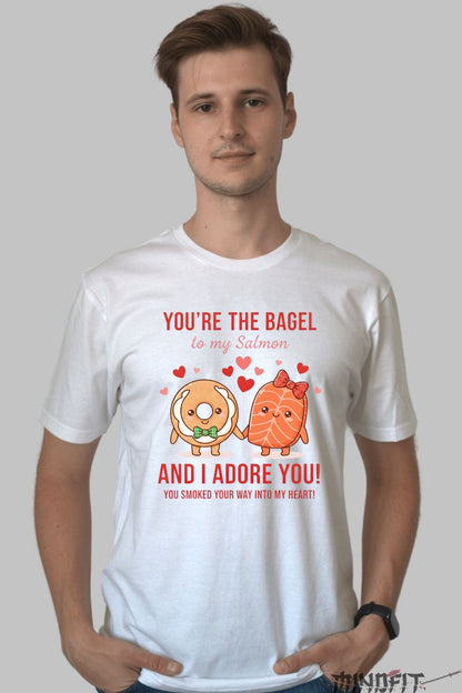 Tricou Valentine's Day Cuplu - You-re The Bagel To My Salmon barbat alb