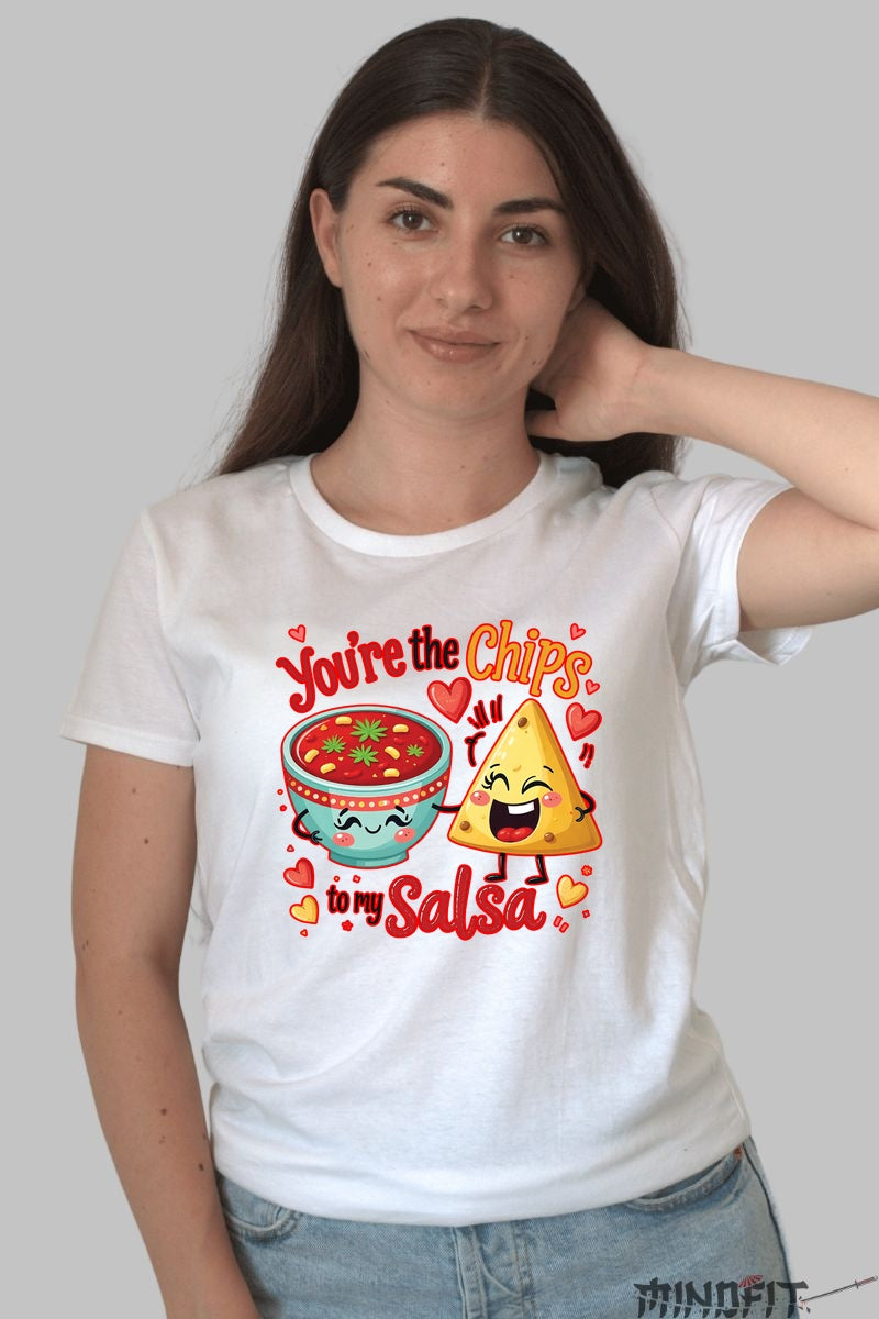 Tricou Valentine's Day Cuplu - You're the Chips to My Salsa dama alb