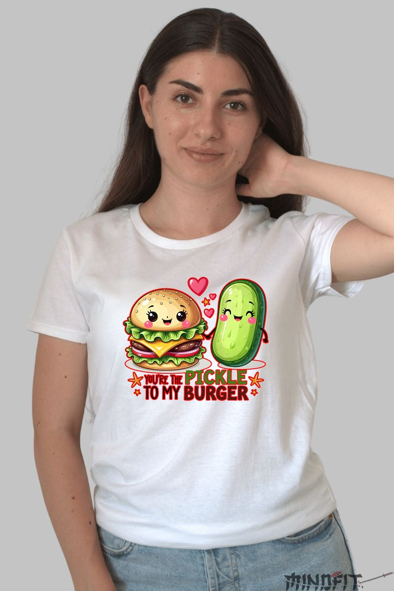 Tricou Valentine's Day Cuplu - You're The Pickle To My Burger dama alb