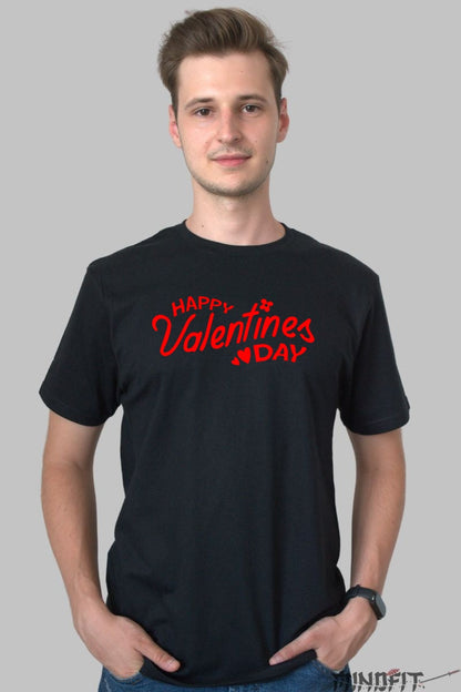 Tricou Valentine's Day - Happy Valentine's Day Cu Inima si Flori barbat negru