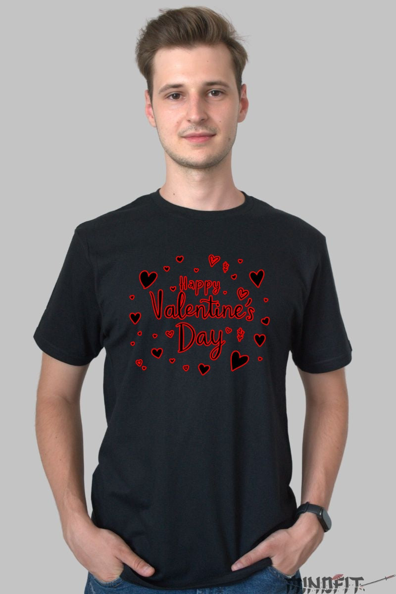 Tricou Valentine's Day - Happy Valentine's Day cu Inimi Rosie barbat negru