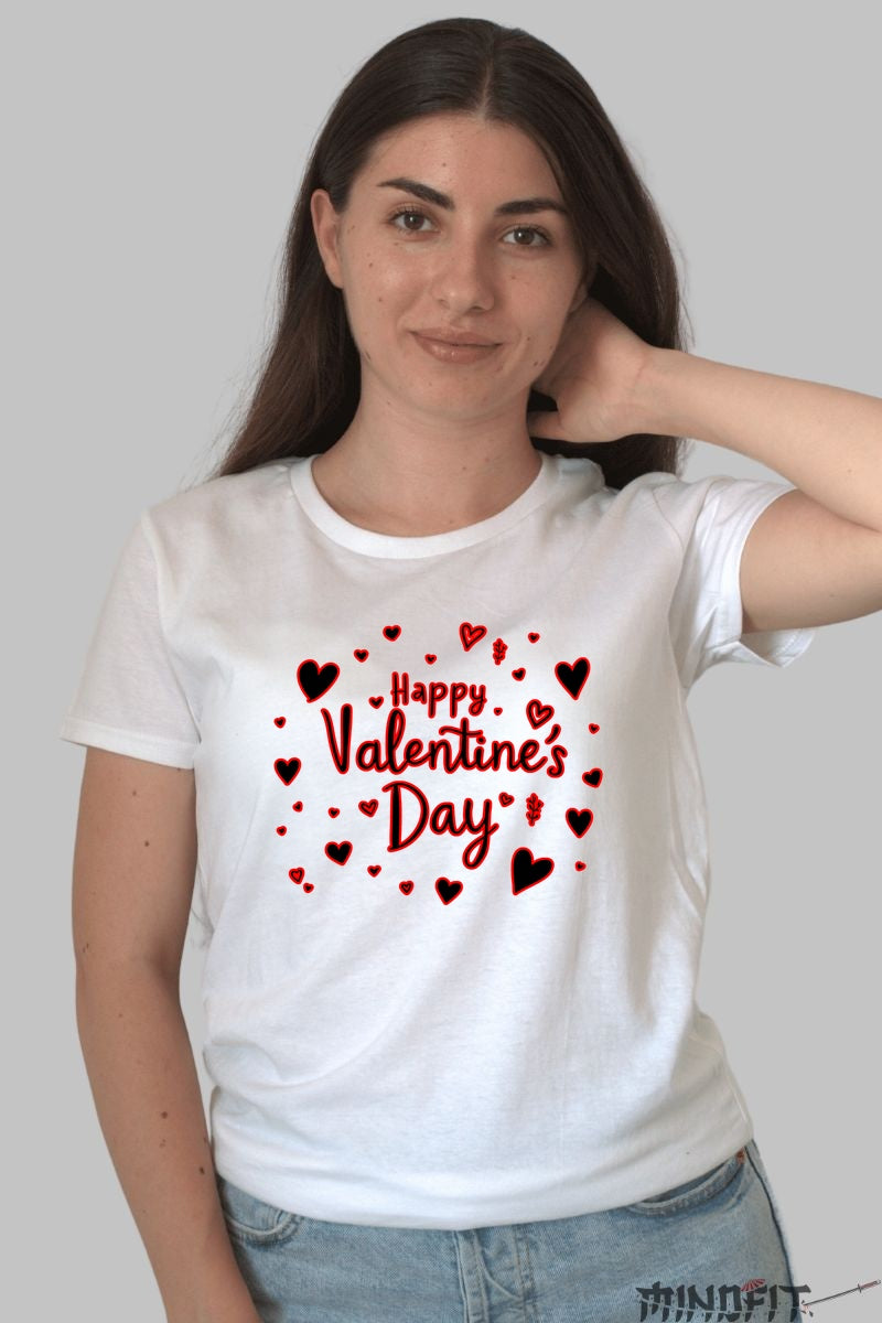 Tricou Valentine's Day - Happy Valentine's Day cu Inimi Rosie dama alb