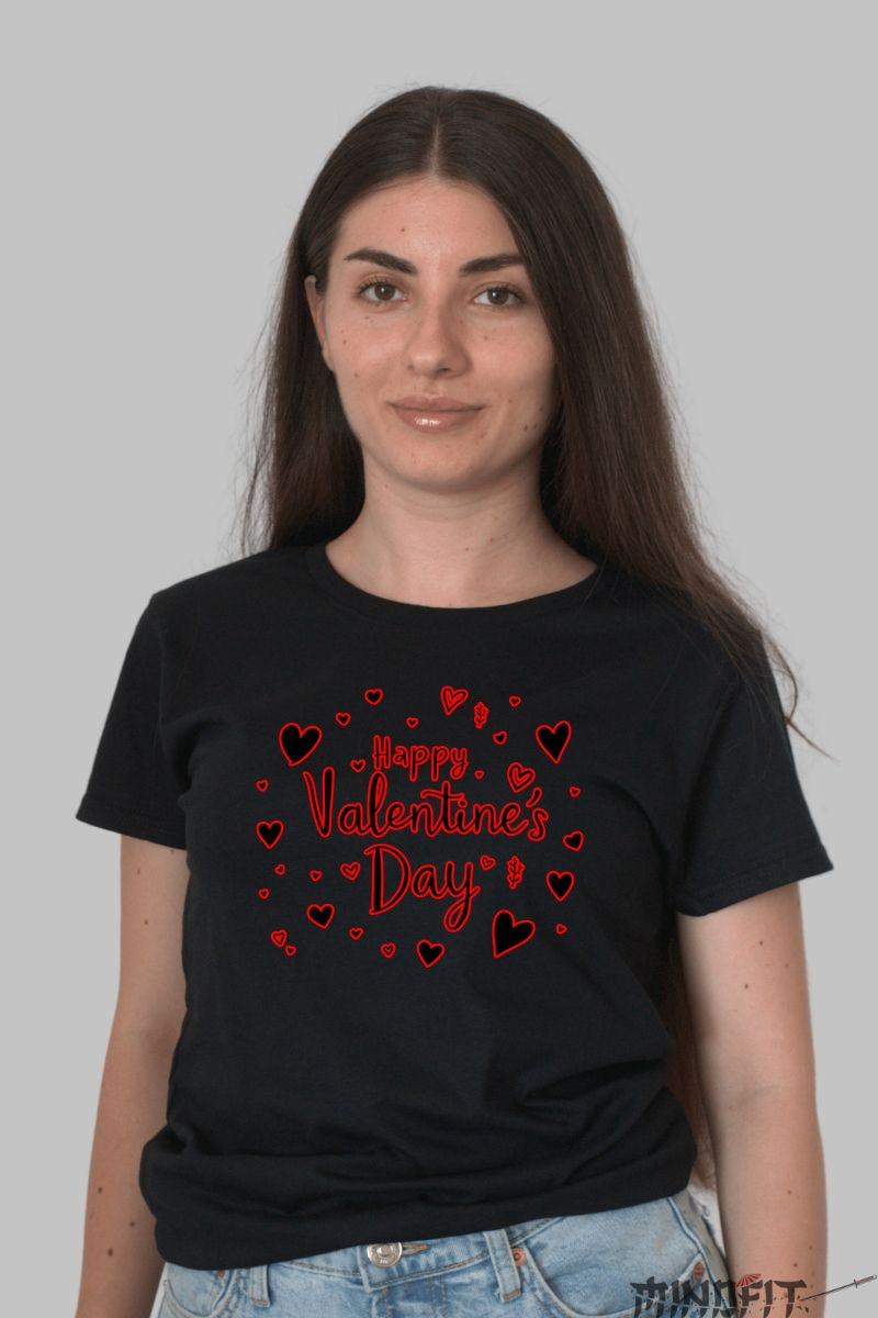 Tricou Valentine's Day - Happy Valentine's Day cu Inimi Rosie dama negru