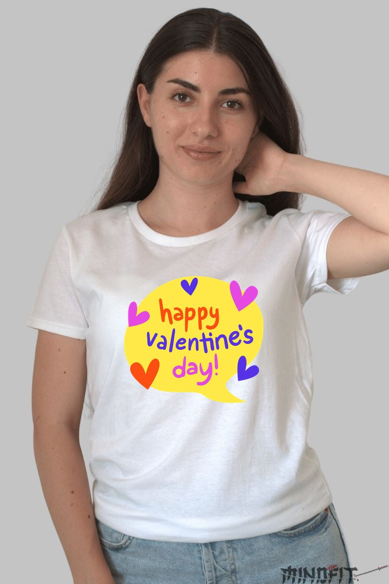 Tricou Valentine's Day - Happy Valentine-s Day Cu Inimioare Colorate dama alb