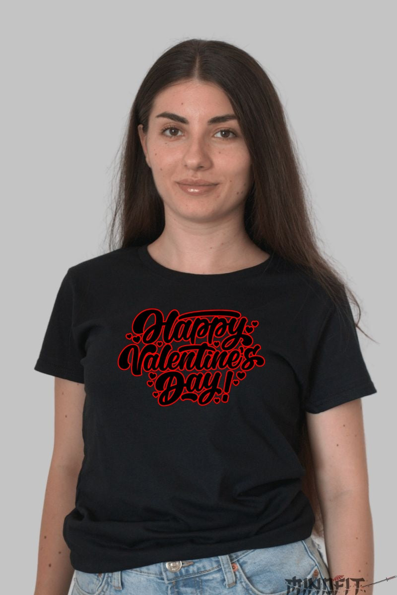 Tricou Valentine's Day - Happy Valentine's Day! cu Inimioare dama negru