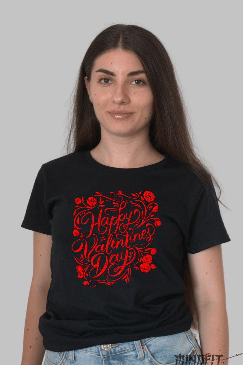 Tricou Valentine's Day - Happy Valentine's Day Floral dama negru