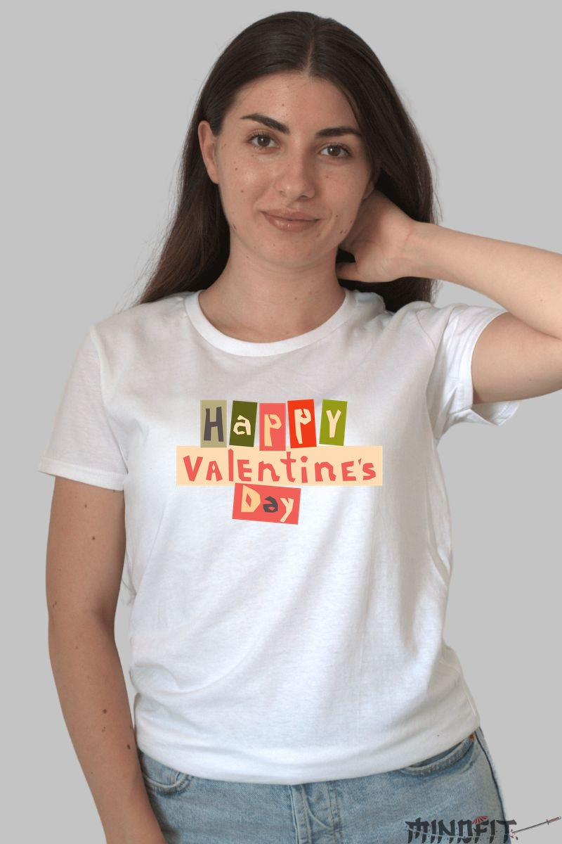 Tricou Valentine's Day - Happy Valentine's Day Stil Colaj dama alb