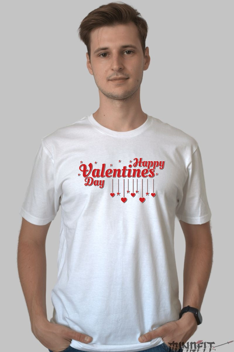 Tricou Valentine's Day - Happy Valentines cu Inimi Suspendate barbat alb