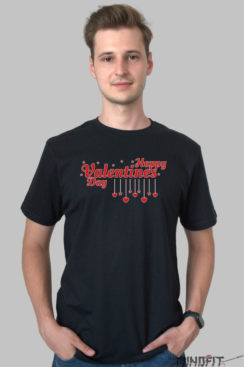Tricou Valentine's Day - Happy Valentines cu Inimi Suspendate barbat negru