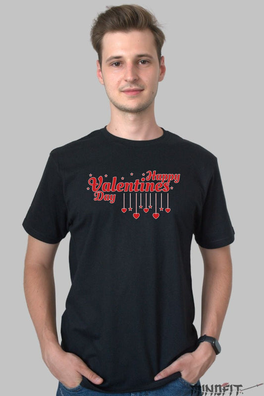 Tricou Valentine's Day - Happy Valentines cu Inimi Suspendate barbat negru