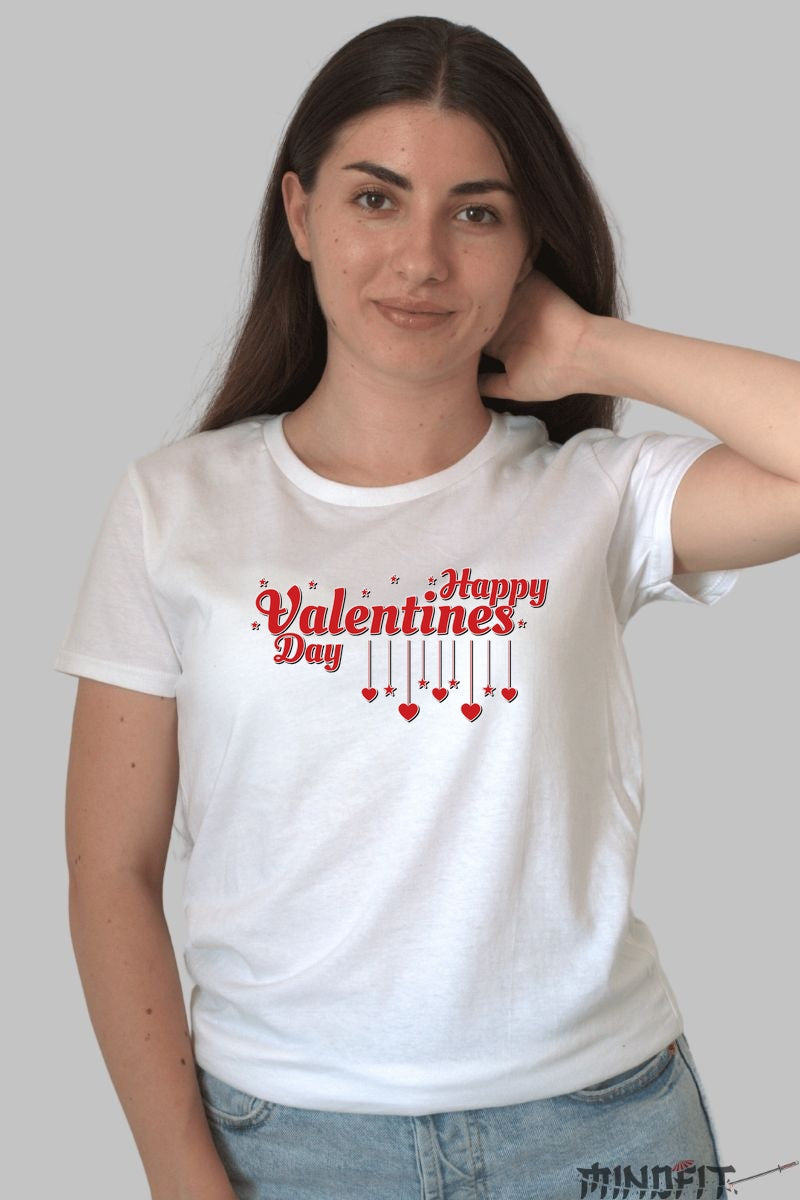 Tricou Valentine's Day - Happy Valentines cu Inimi Suspendate dama alb