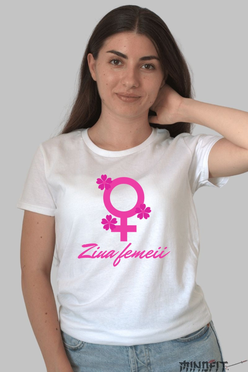 Tricou Ziua Femeii Simbol Roz cu Flori Dama Alb