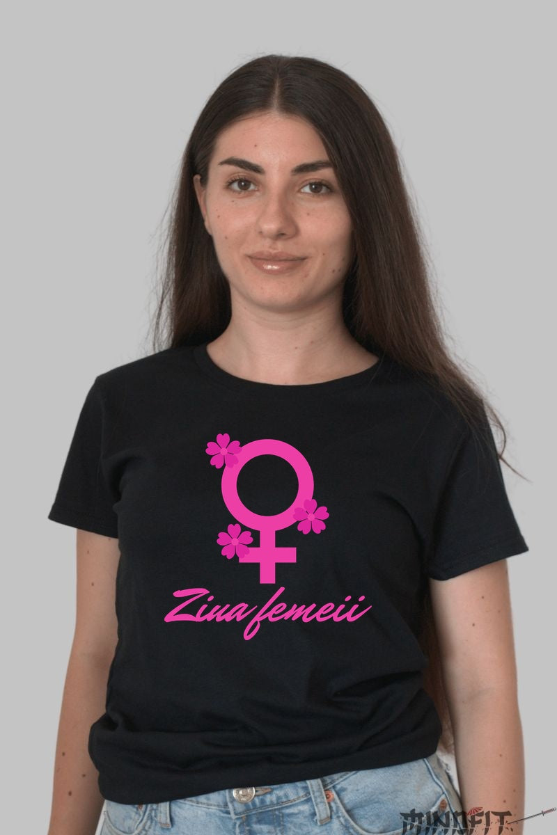 Tricou Ziua Femeii Simbol Roz cu Flori Dama Negru
