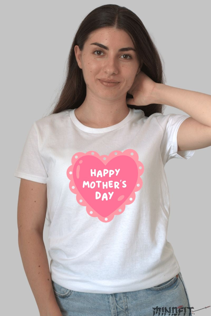 Tricou Ziua Mamei - Inima Roz Happy Mother-s Day Dama Alb